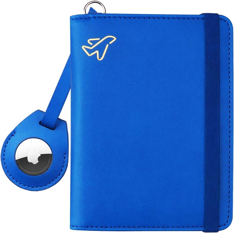 WALNEW AirTag Passport Holder, PU Leather Airtag Wallet RFID Blocking Passport Cover Travel Essentials Case for Women Men (Blue) - Image 1